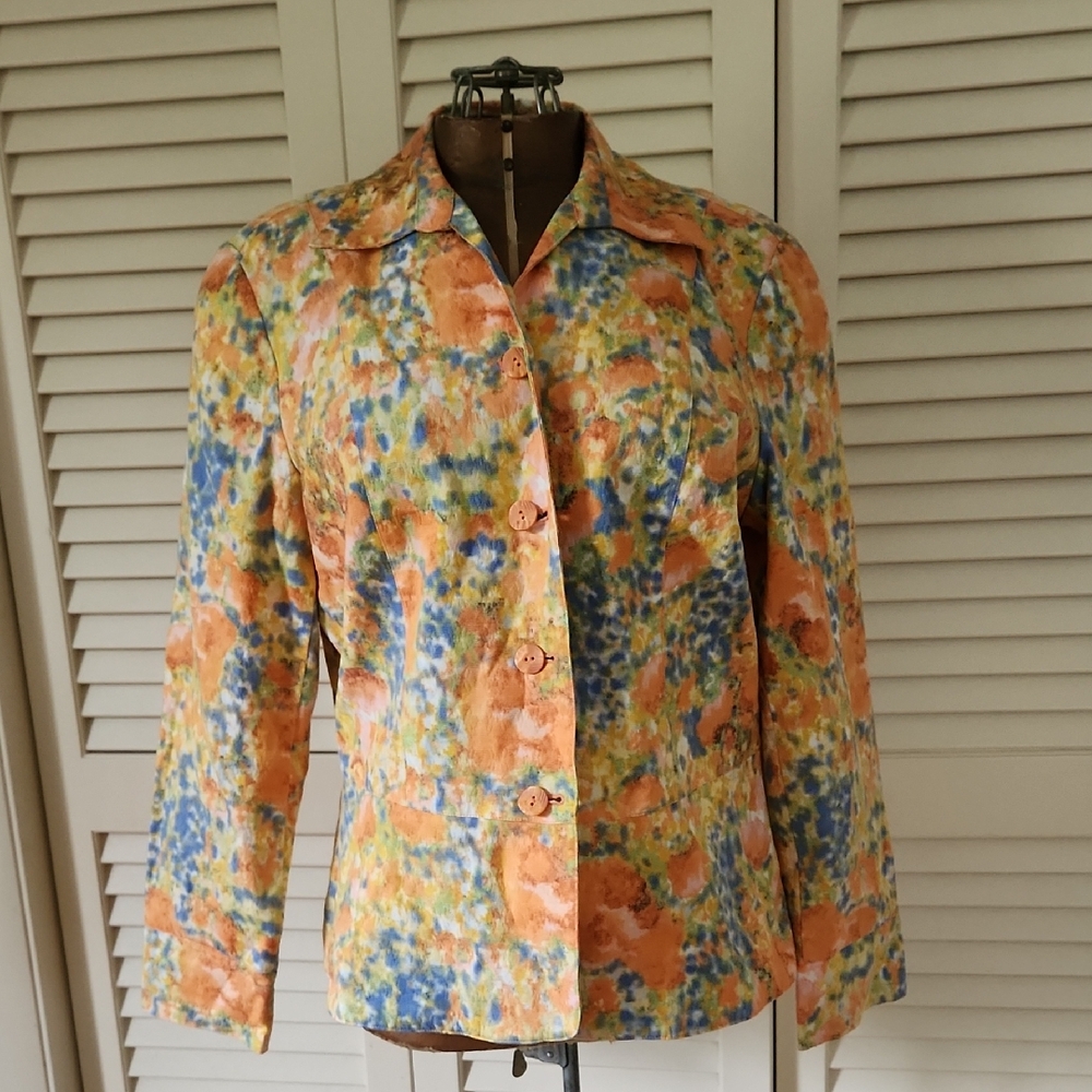 Coldwater Creek Vibrant Orange and Blue Watercolor Blazer